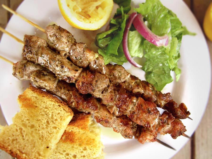 Greek-Pork-Souvlaki-On-Wooden-Skewers